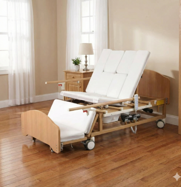 เตียงพยาบาลไฟฟ้า รุ่นมัลติฟังก์ชั่น (Multifunction Electric Bed) วัสดุไม้ สวยหรู โทนสีธรรมชาติ ไม่เหมือนเตียงโรงพยาบาล