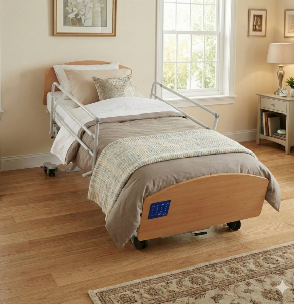 เตียงผู้สูงอายุไฟฟ้า ดีไซน์ไม้ลักซ์ชัวรี่ ยี่ห้อ INVACARE CS8 Floorline Bed